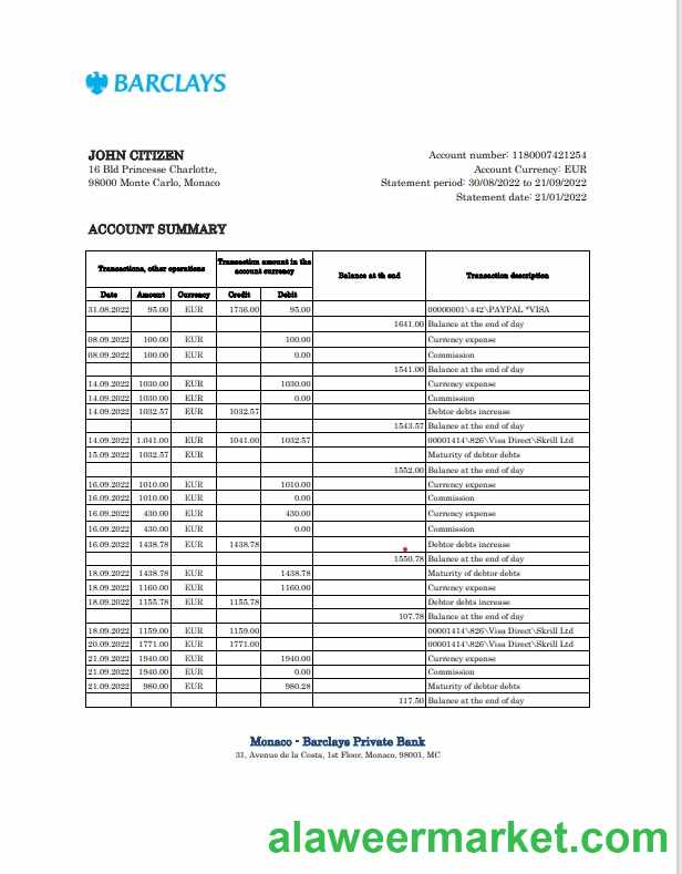 Monaco Barclays Private bank statement Excel and PDF template
